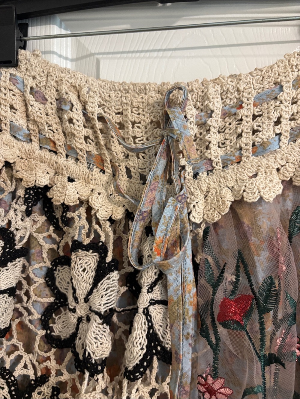 Boho Tiered Lace Patchwork Pants in Green and Cream - Picture 6 of 8